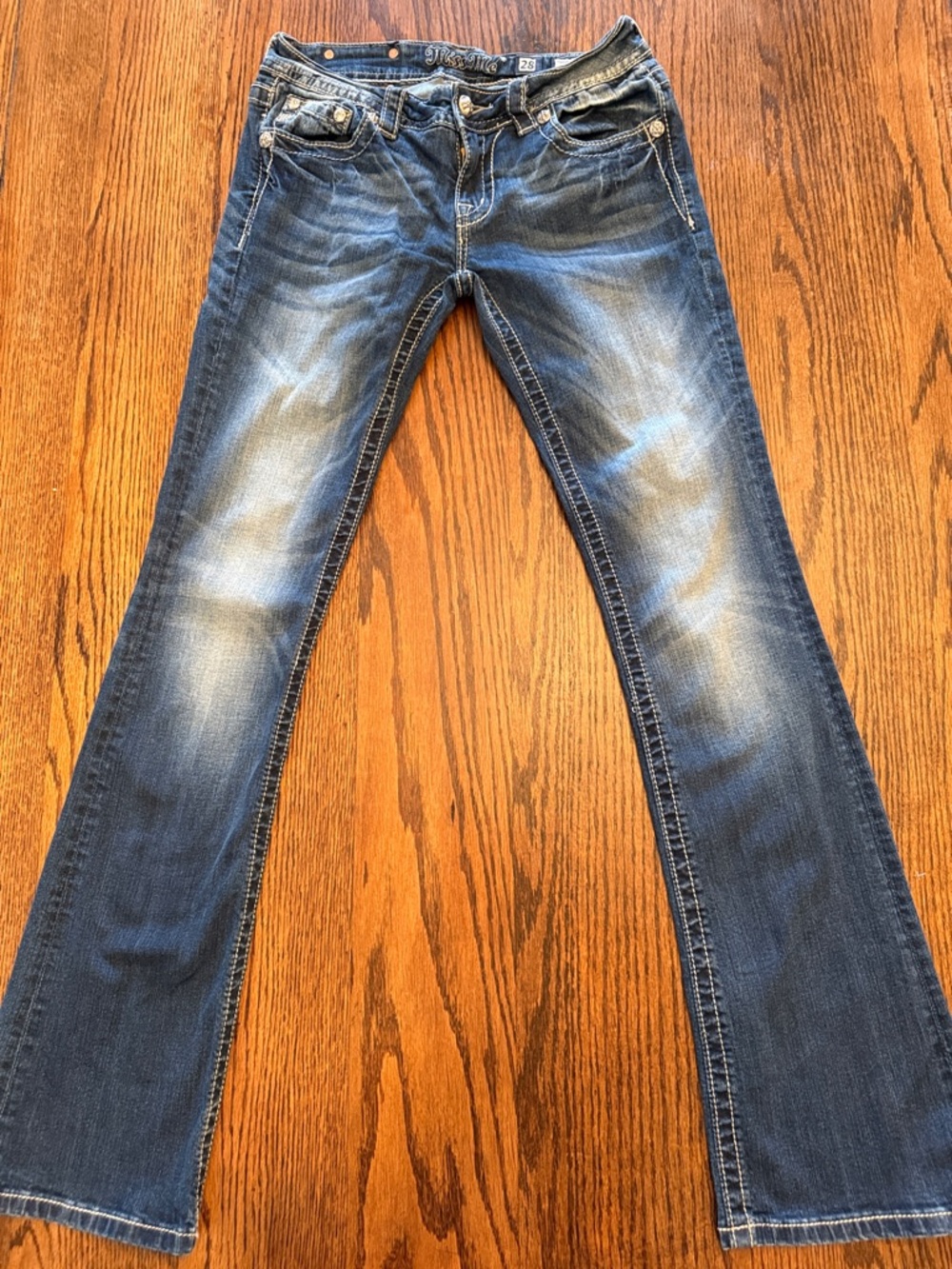 Miss Me Embellished Flap Pocket Bootcut Jeans 28 Rhinestone Stretch Y2K